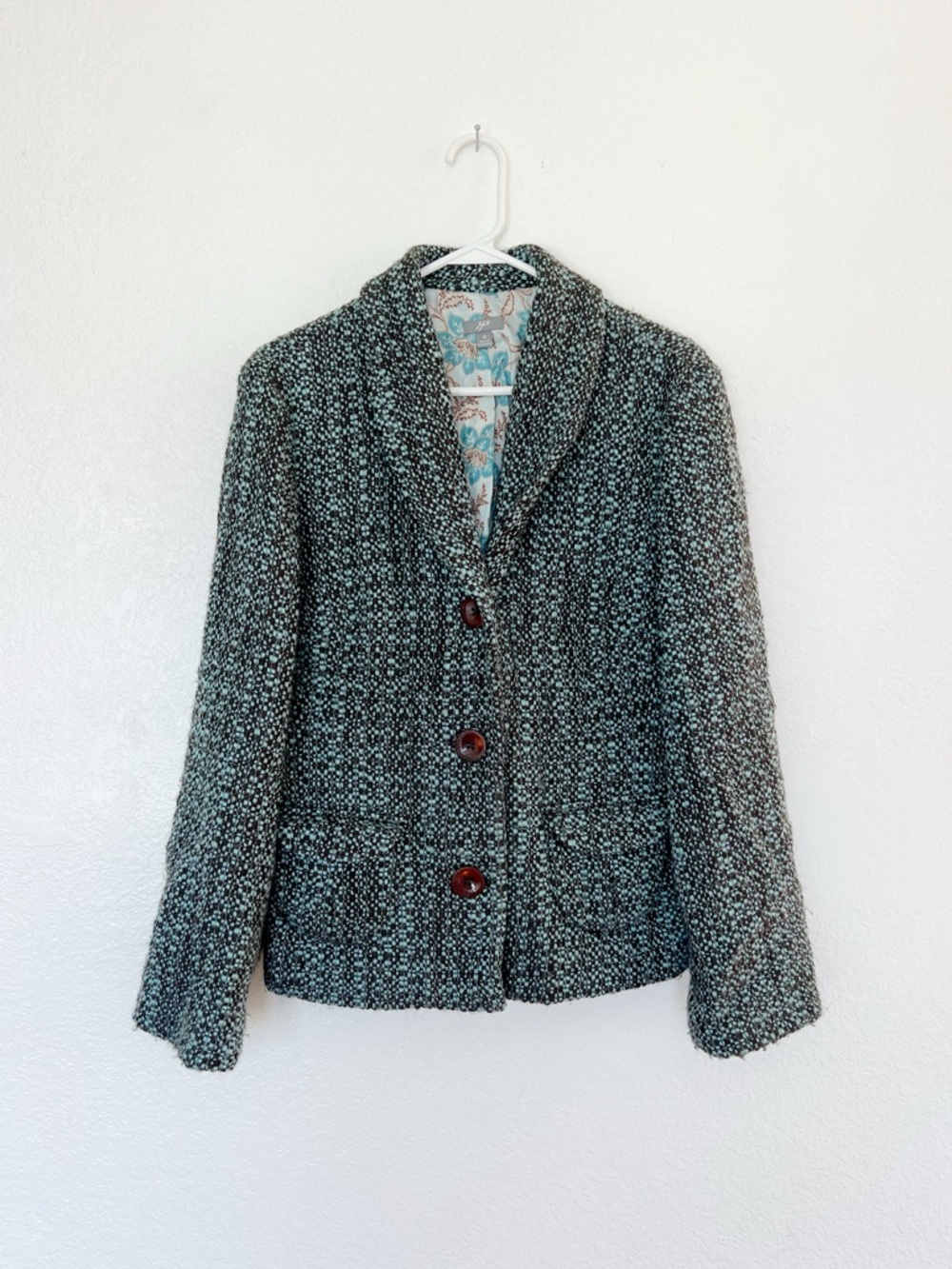 J. Jill Teal Green Tweed Boucle Jacket Vintage Shawl-Collar Suit Coat 3 Button
